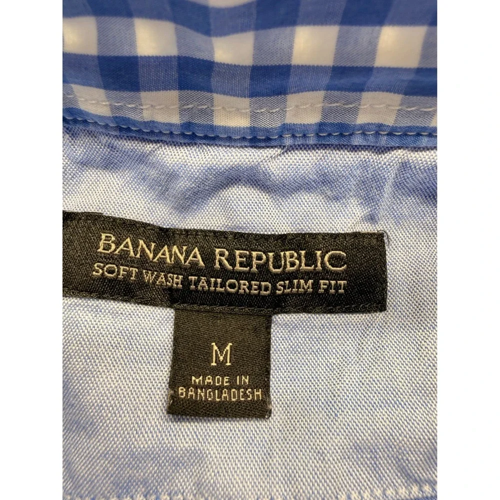 Banana Republic Mens Tailored Slim Fit Soft Wash Gingham Shirt Blue White Medium